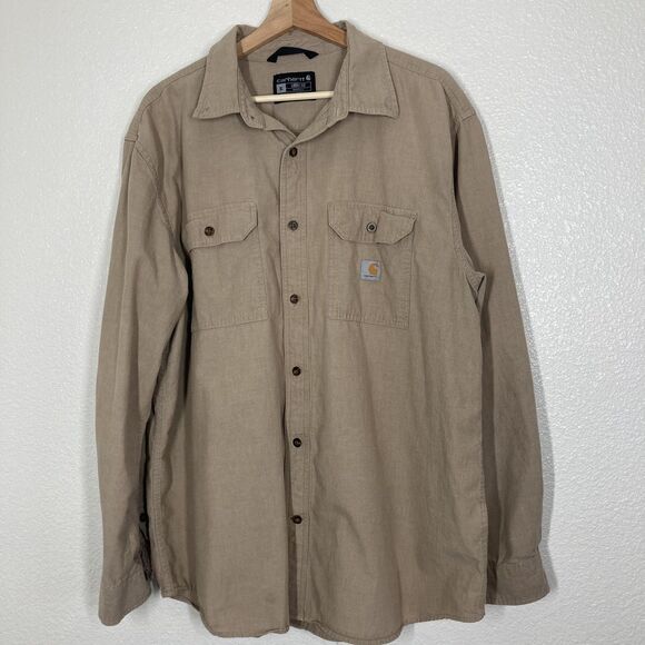 Carhartt Shirt Mens XL Khaki Button Up Long Sleeve Workwear Loose Fit Cotton - Picture 2 of 16